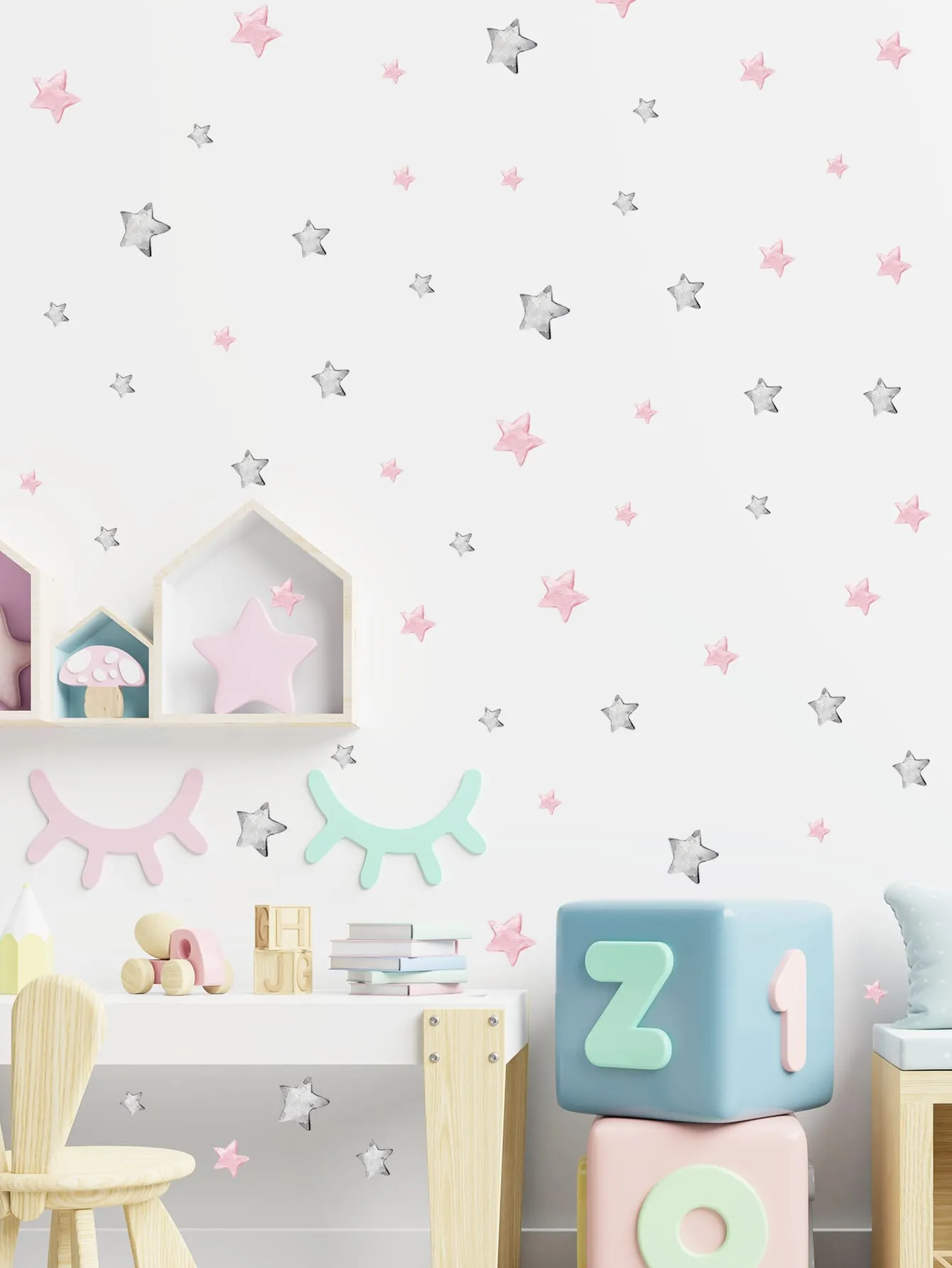 Pink and Grey Stars Wall Sticker Cartoon Self Adhesive Wall Art Decal For Kids