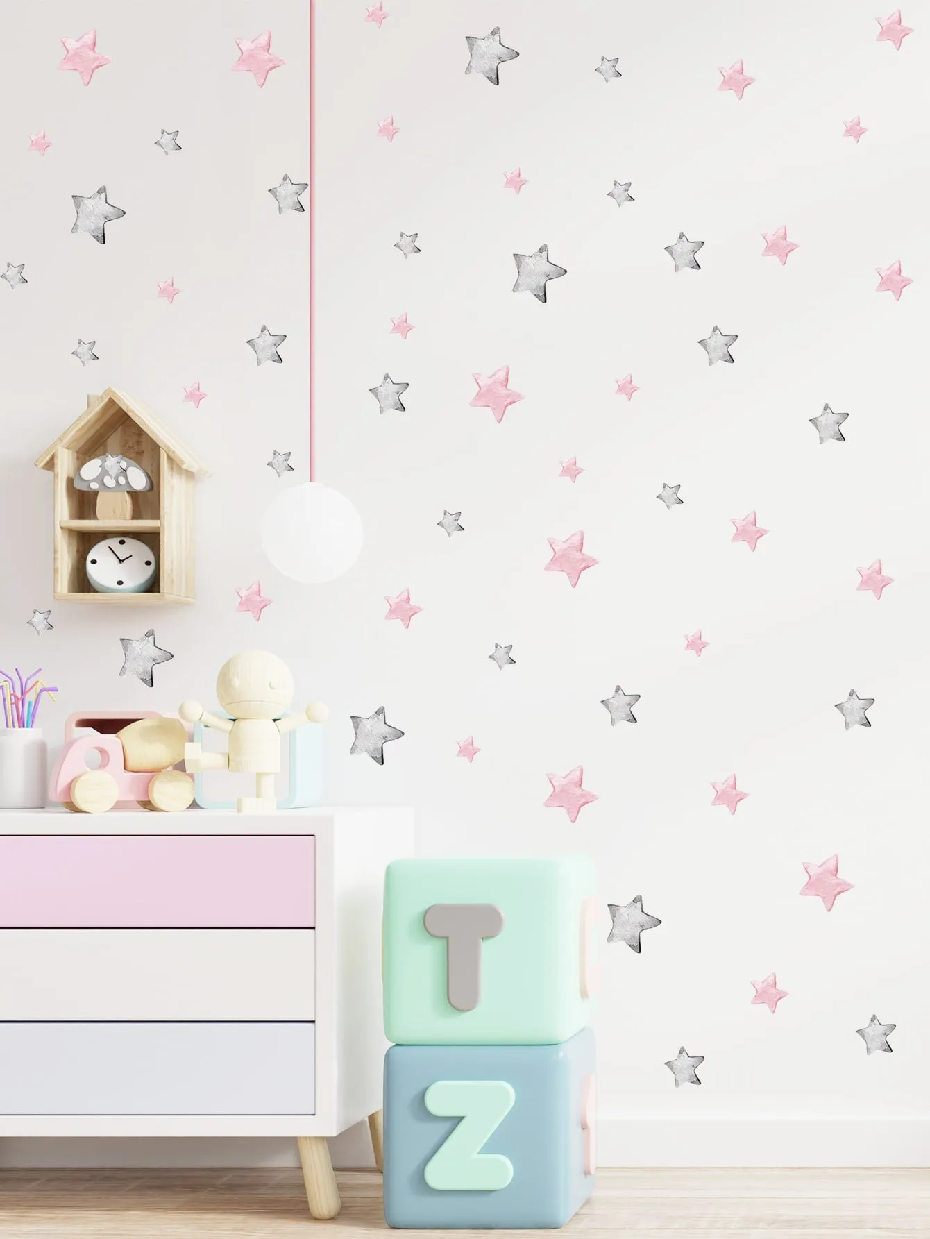 Pink and Grey Stars Wall Sticker Cartoon Self Adhesive Wall Art Decal For Kids