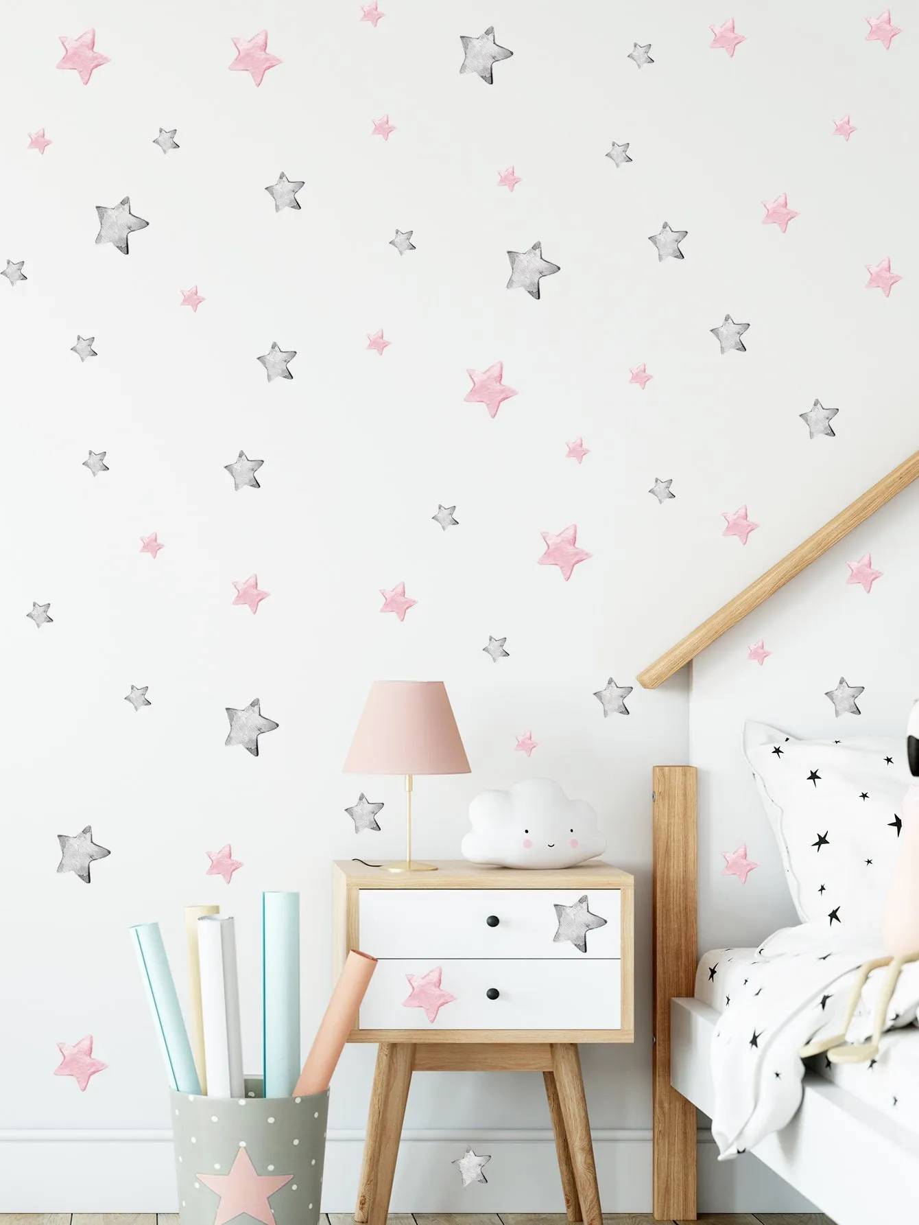 Pink and Grey Stars Wall Sticker Cartoon Self Adhesive Wall Art Decal For Kids