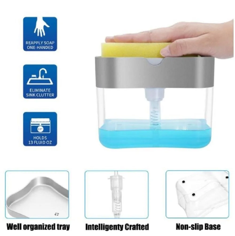 Plastic Liquid Soap Pump Dispenser With Sponge Holder For Kitchen Cleaning Tools