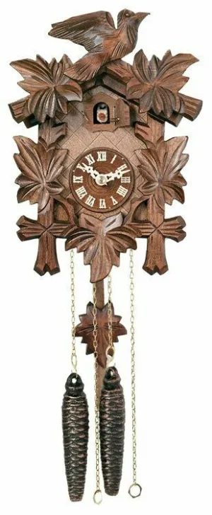 River City Clocks 9" One Day Hand-Carved Cuckoo Clock with Five Maple Leaves & One Bird