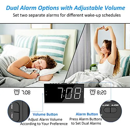 Roxicosly Super Loud Alarm Clock with Bed Shaker for Heavy Sleeper, Dual Vibrating Alarm Clock with USB Charger for Hearing-impaired Deaf, 7.5’’ Large Display with Dimmer