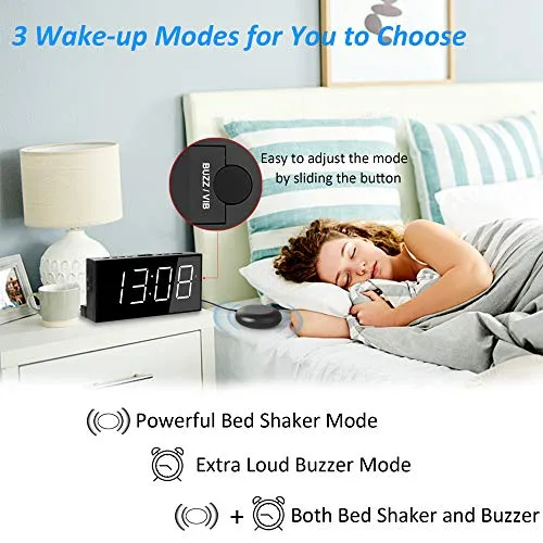 Roxicosly Super Loud Alarm Clock with Bed Shaker for Heavy Sleeper, Dual Vibrating Alarm Clock with USB Charger for Hearing-impaired Deaf, 7.5’’ Large Display with Dimmer