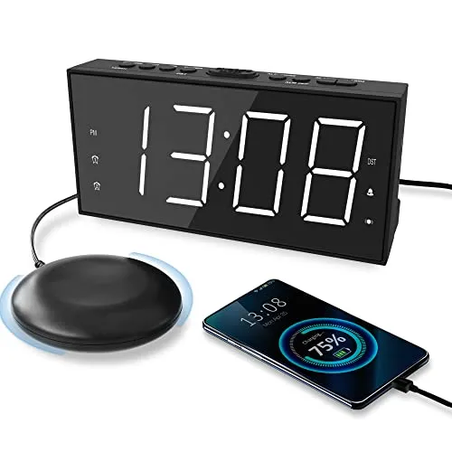 Roxicosly Super Loud Alarm Clock with Bed Shaker for Heavy Sleeper, Dual Vibrating Alarm Clock with USB Charger for Hearing-impaired Deaf, 7.5’’ Large Display with Dimmer