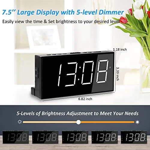 Roxicosly Super Loud Alarm Clock with Bed Shaker for Heavy Sleeper, Dual Vibrating Alarm Clock with USB Charger for Hearing-impaired Deaf, 7.5’’ Large Display with Dimmer