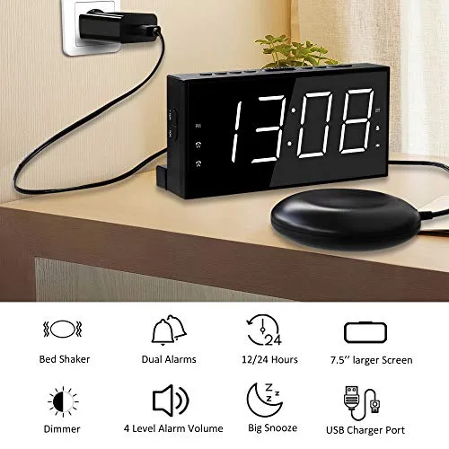 Roxicosly Super Loud Alarm Clock with Bed Shaker for Heavy Sleeper, Dual Vibrating Alarm Clock with USB Charger for Hearing-impaired Deaf, 7.5’’ Large Display with Dimmer