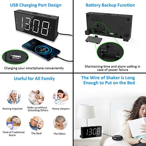 Roxicosly Super Loud Alarm Clock with Bed Shaker for Heavy Sleeper, Dual Vibrating Alarm Clock with USB Charger for Hearing-impaired Deaf, 7.5’’ Large Display with Dimmer