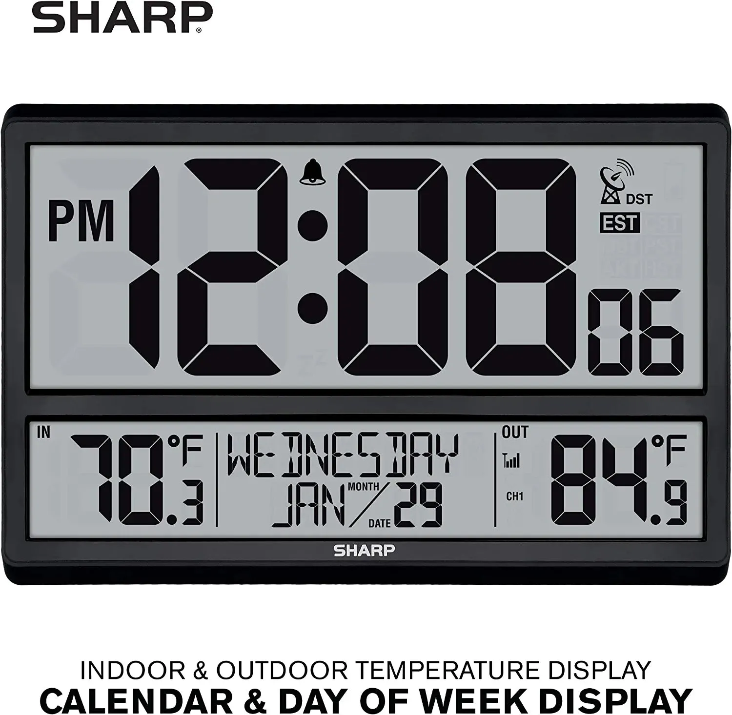 SHARP Atomic Clock - Never Needs Setting! –Easy to Read Numbers - Indoor/ Outdoor Temperature, Wireless Outdoor Sensor - Battery Powered - Easy Set-Up!! (4" Numbers)