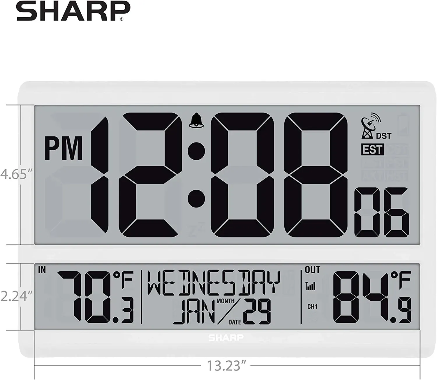 SHARP Atomic Clock - Never Needs Setting! –Easy to Read Numbers - Indoor/ Outdoor Temperature, Wireless Outdoor Sensor - Battery Powered - Easy Set-Up!! (4" Numbers)