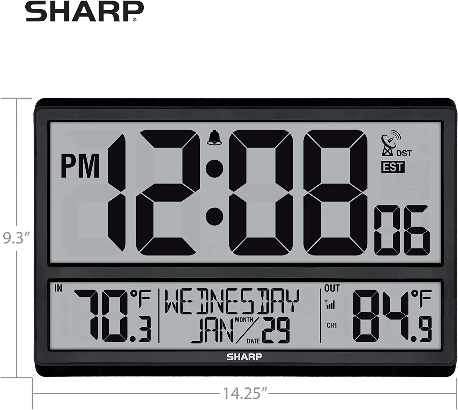 SHARP Atomic Clock - Never Needs Setting! –Easy to Read Numbers - Indoor/ Outdoor Temperature, Wireless Outdoor Sensor - Battery Powered - Easy Set-Up!! (4" Numbers)