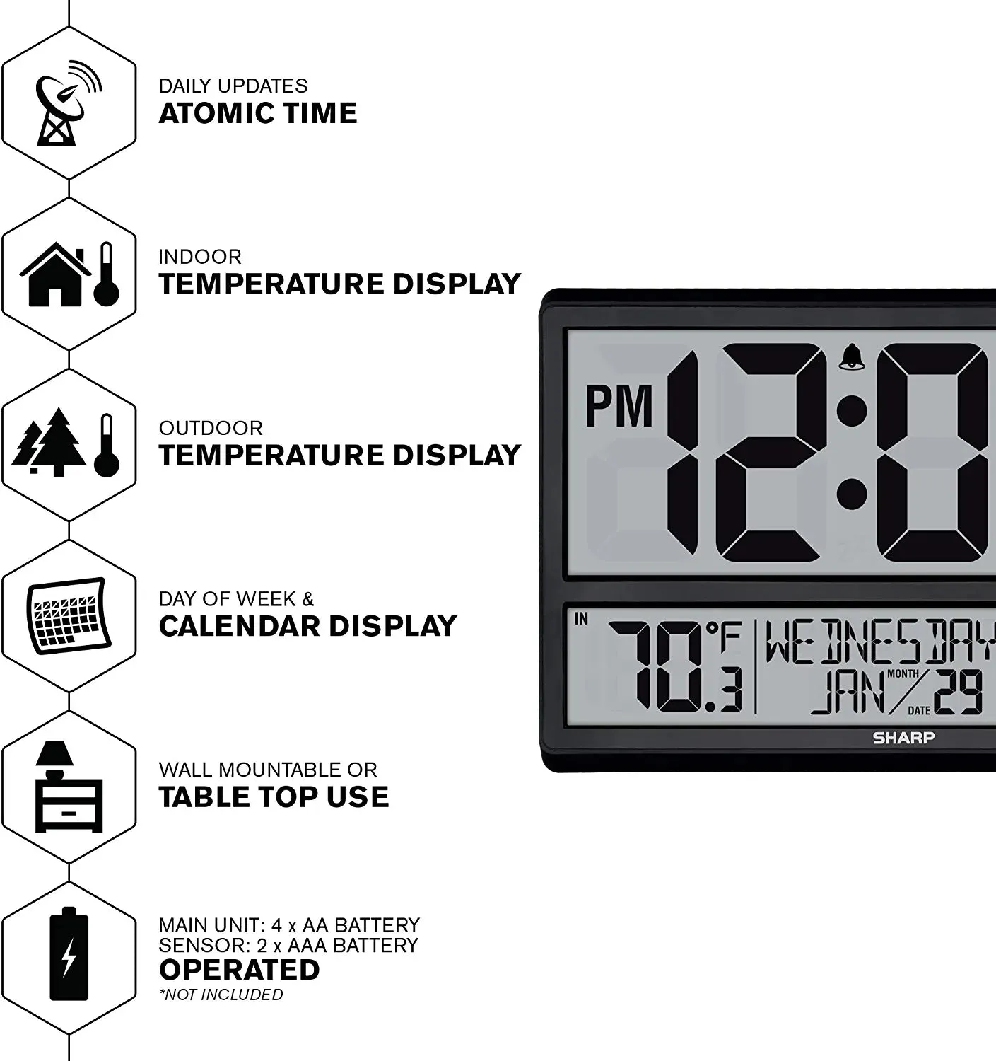 SHARP Atomic Clock - Never Needs Setting! –Easy to Read Numbers - Indoor/ Outdoor Temperature, Wireless Outdoor Sensor - Battery Powered - Easy Set-Up!! (4" Numbers)