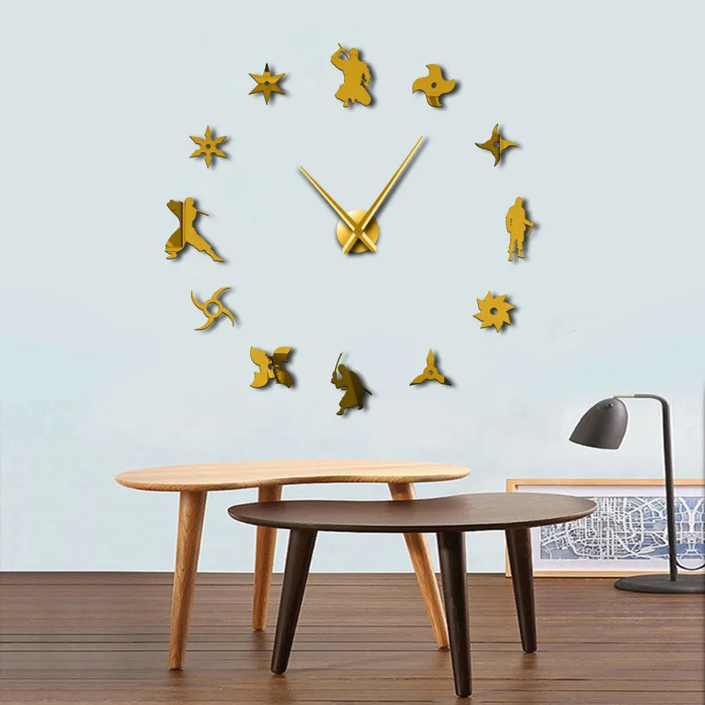 Shinobi Japon Ninja DIY Giant Wall Clock Japanese Fighters Warriors With Throwing Stars Frameless Big Time Clock Mirror Effect