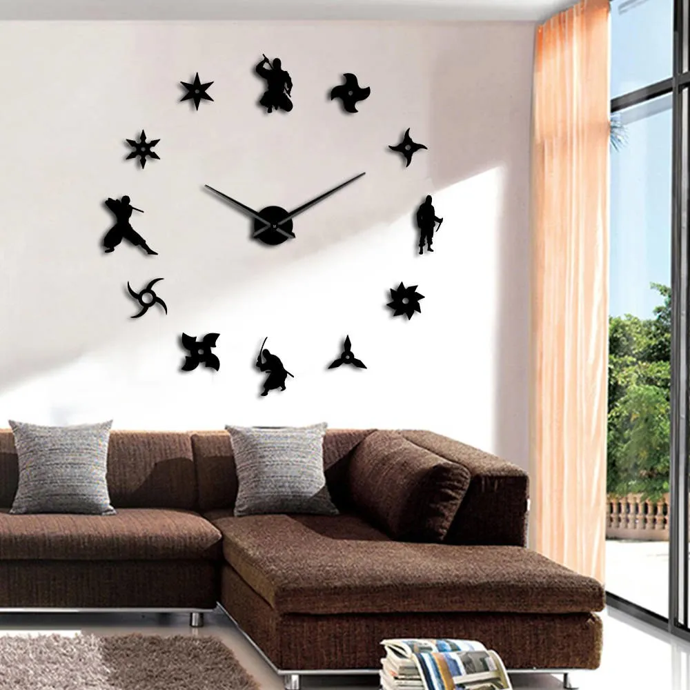 Shinobi Japon Ninja DIY Giant Wall Clock Japanese Fighters Warriors With Throwing Stars Frameless Big Time Clock Mirror Effect