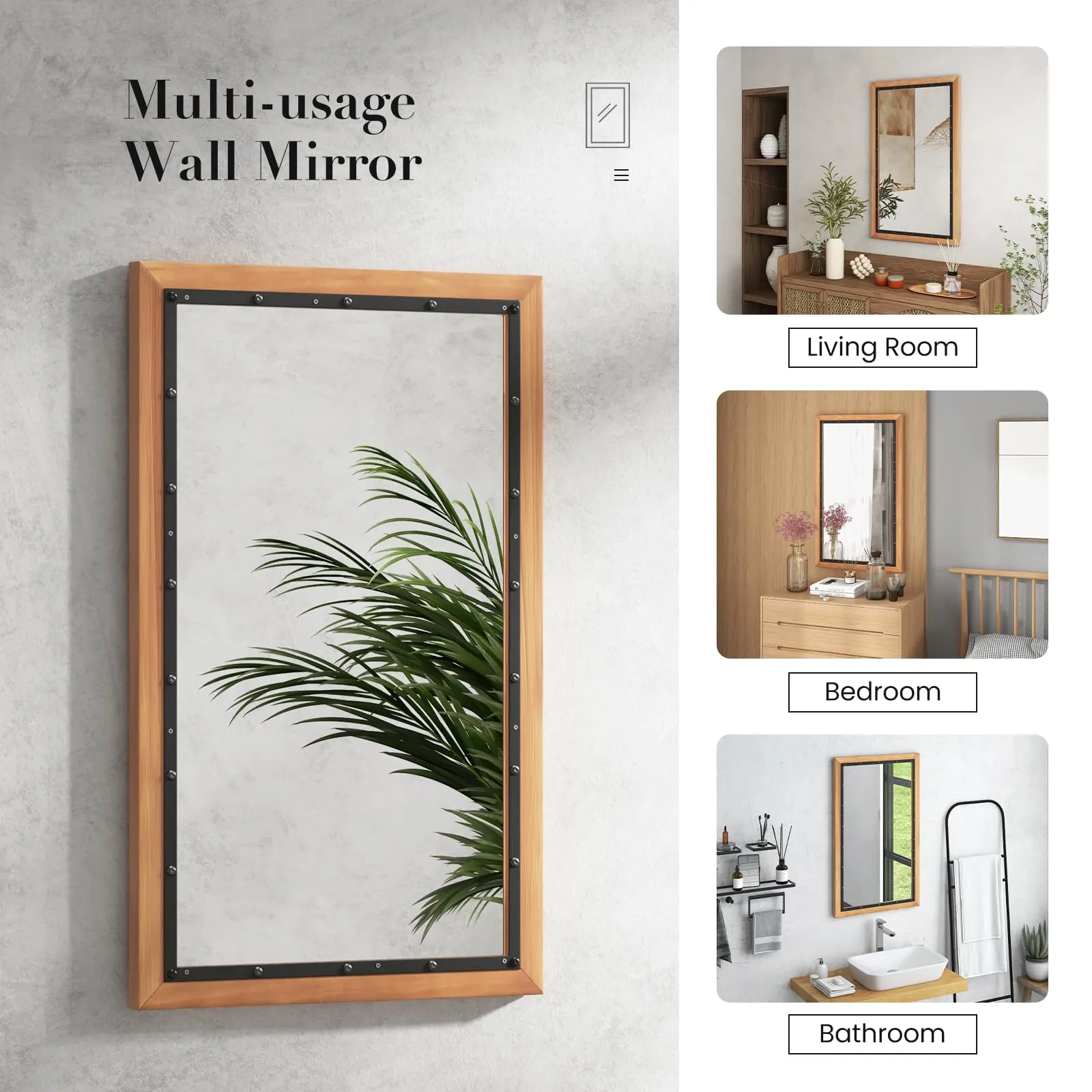 Tangkula Rustic Wood Mirror, Rectangular Frame Decor Wall Mounted Mirror with Back Board