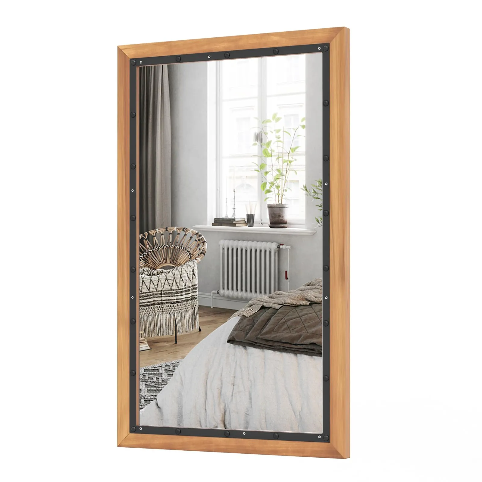 Tangkula Rustic Wood Mirror, Rectangular Frame Decor Wall Mounted Mirror with Back Board