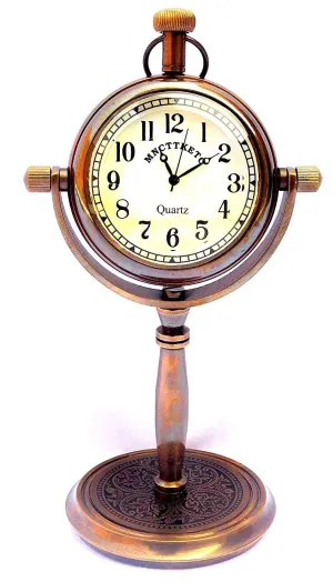 TARANO Brass Antique Vintage Nautical Brass Stand Clock Table Desk Rounded Shape Clock with Bold Numbers Vintage for Home Study Living Room and Office Living Room Decor (Brass) Gift Item