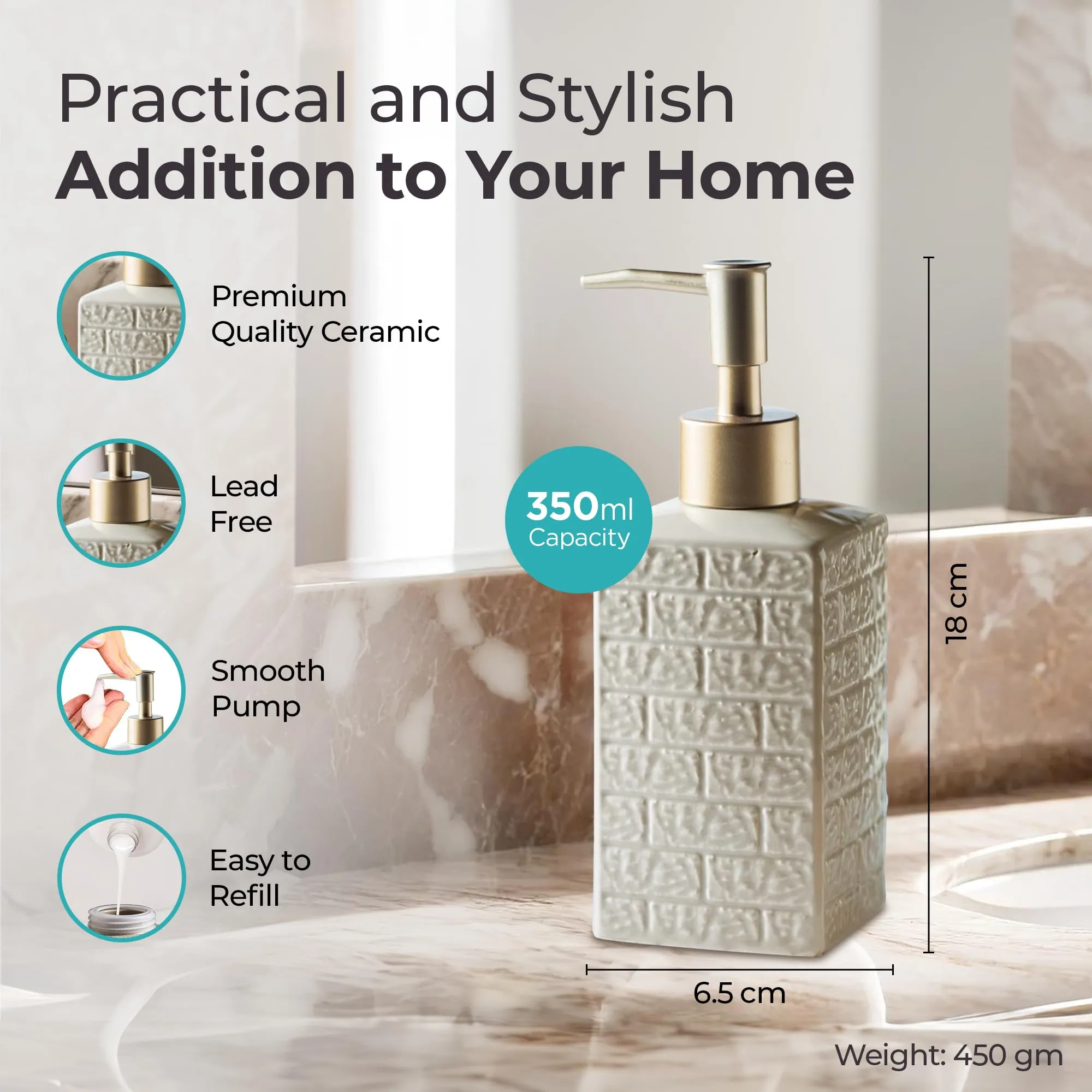 The Better Home 350ML Khaki Ceramic Soap Dispenser for Bathroom | Bathroom Accessories | Handwash Dispenser | Liquid Soap Dispenser for Kitchen | Handwash Bottle | Hand Wash Dispensers Pump