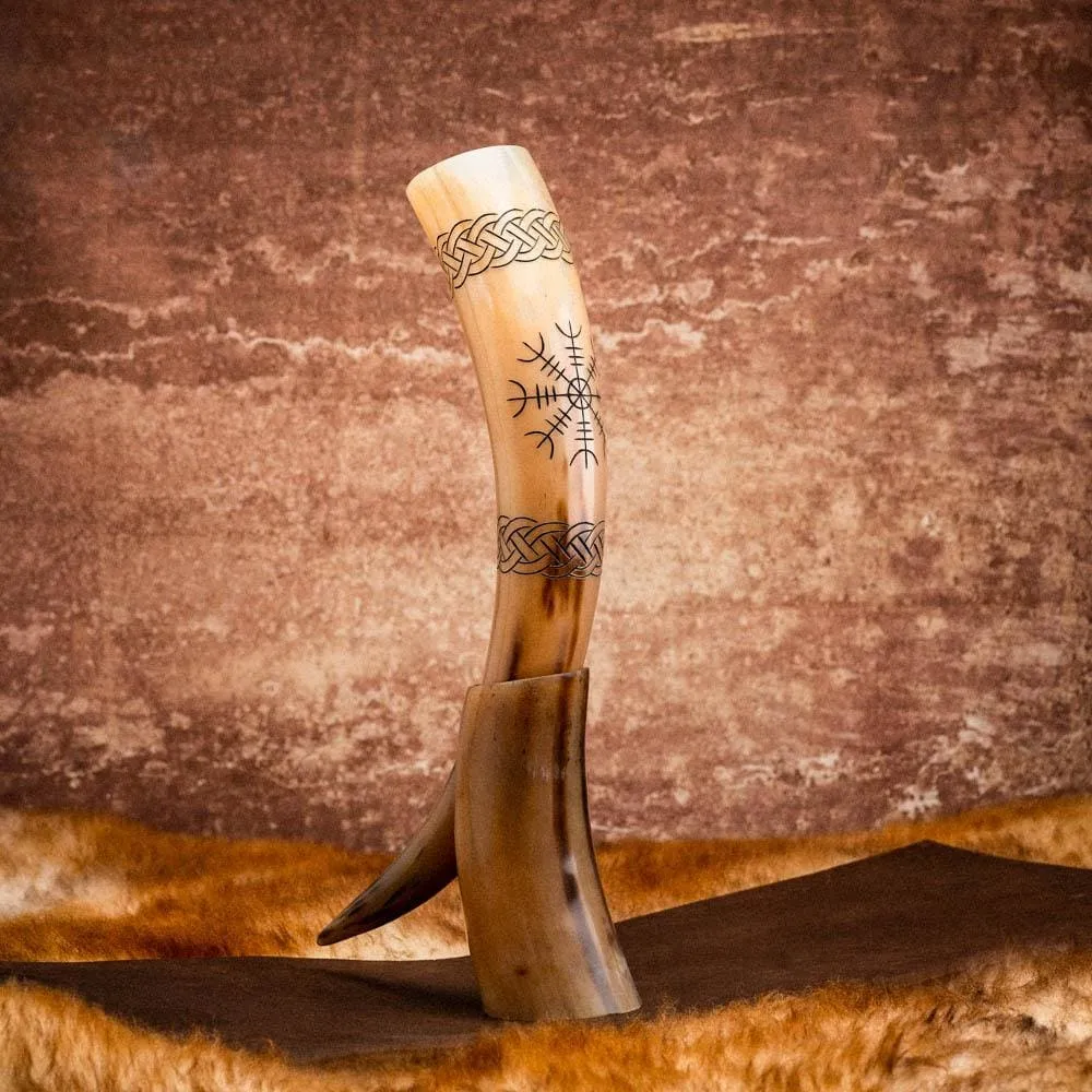 Viking Drinking Horn With Helm of Awe Engravings and Stand